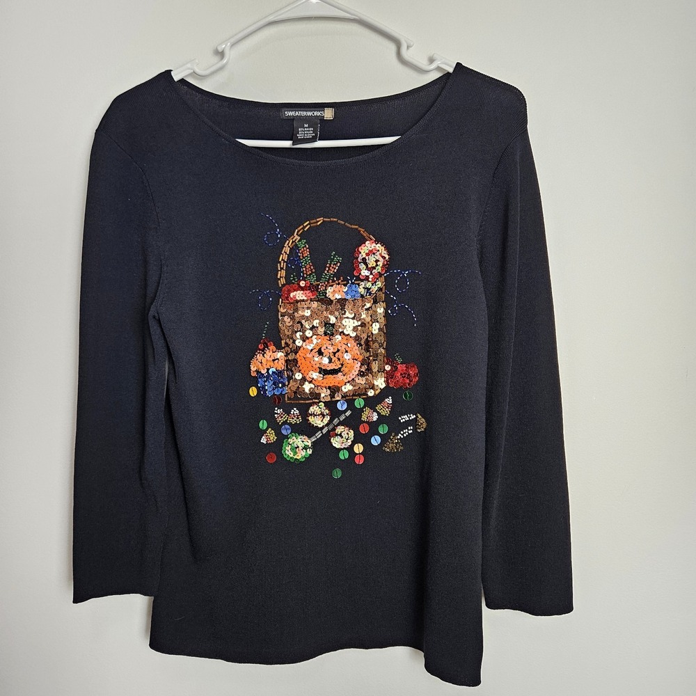 Sweaterworks Sz M Embellished Top Knit Beaded 3/4 Sleeve Blouse Pumpkin Candy